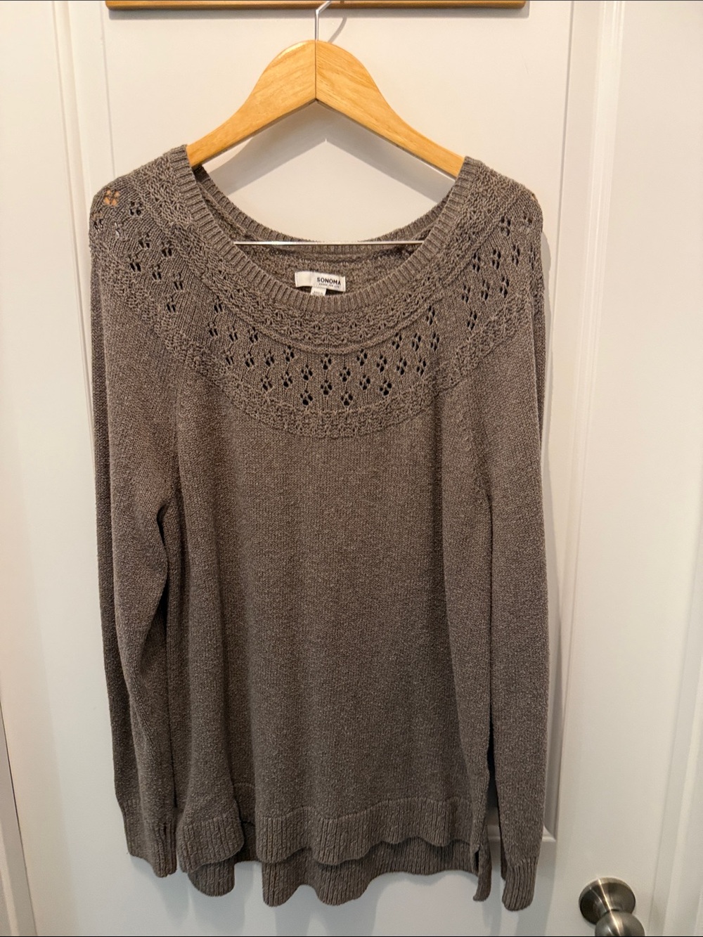 🥳 5 for $25 BUNDLE SONOMA Taupe Open-Stitch Yoke Crewneck Sweater